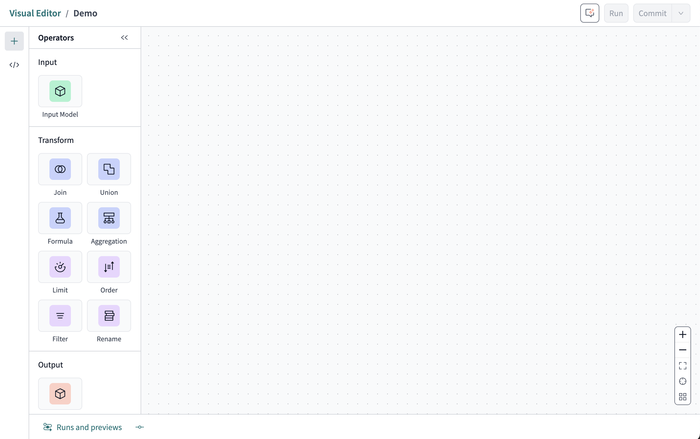 The operator’s menu on the side of the Visual Editor canvas. The operator’s menu on the side of the Visual Editor canvas.